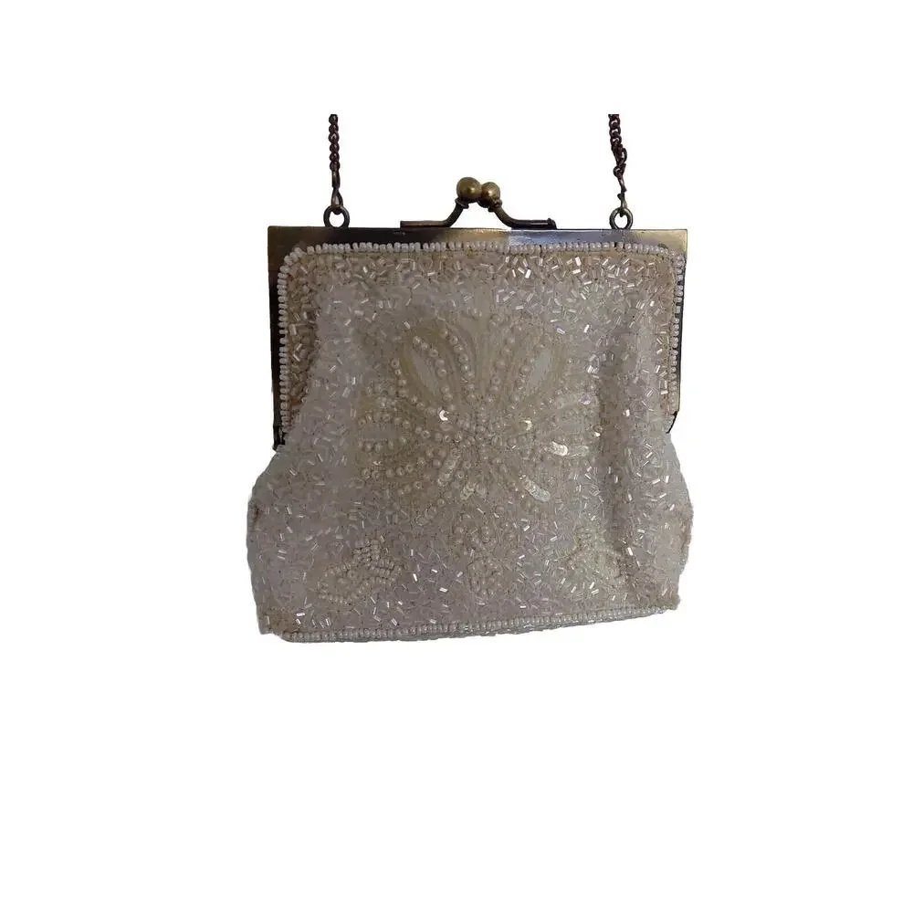 Beaded evening bag shoulder bag cream beads